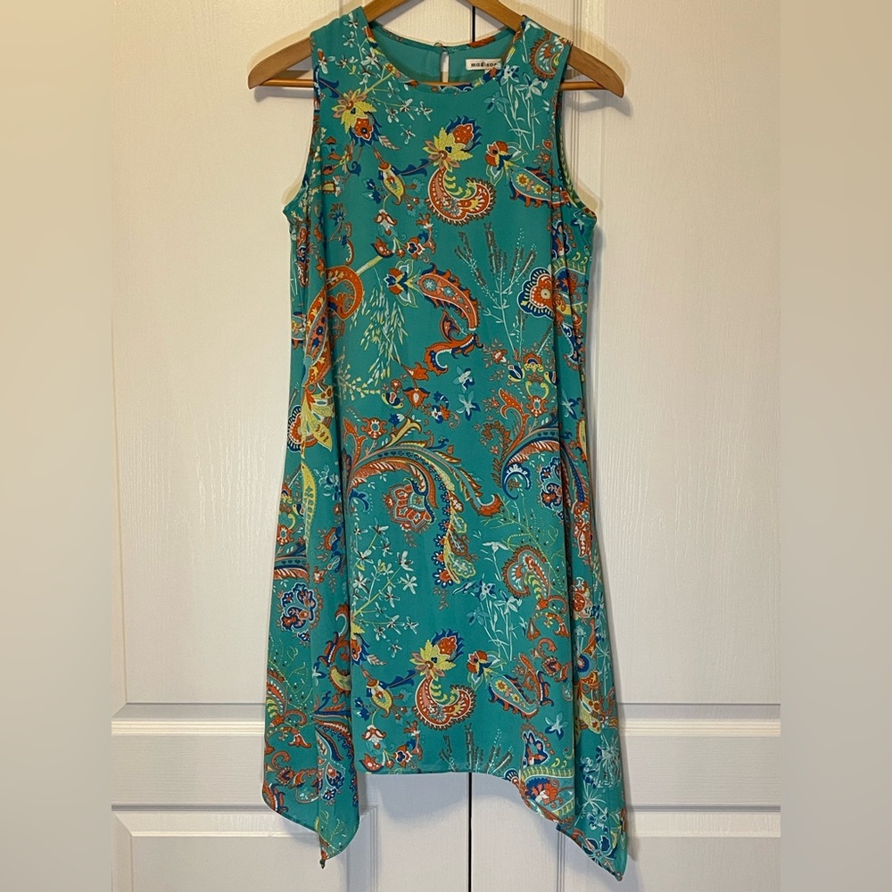 Madison Leigh Orange Green Asymmetrical Sheath Dress Sleeveless